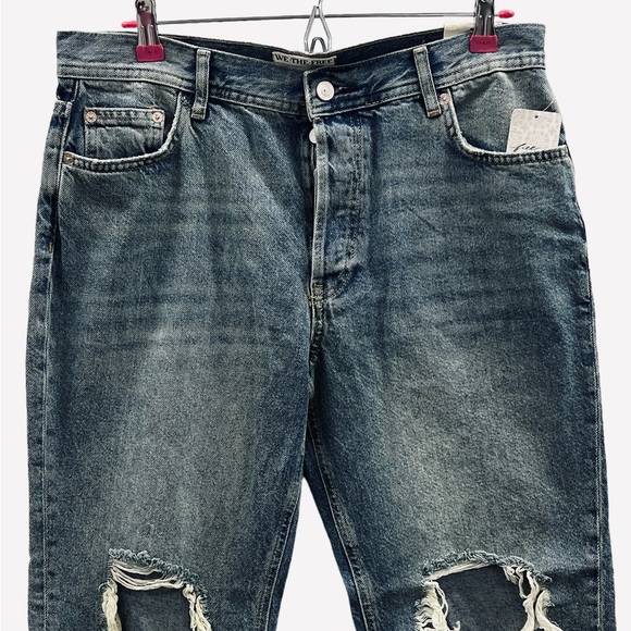 Free People Jeans Blue Maggie Distressed Raw Hem Mid Rise Straight Leg Size 29 - Picture 7 of 13